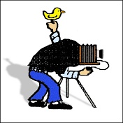 cartoon image of old-time photographer under camera hood holding the birdie